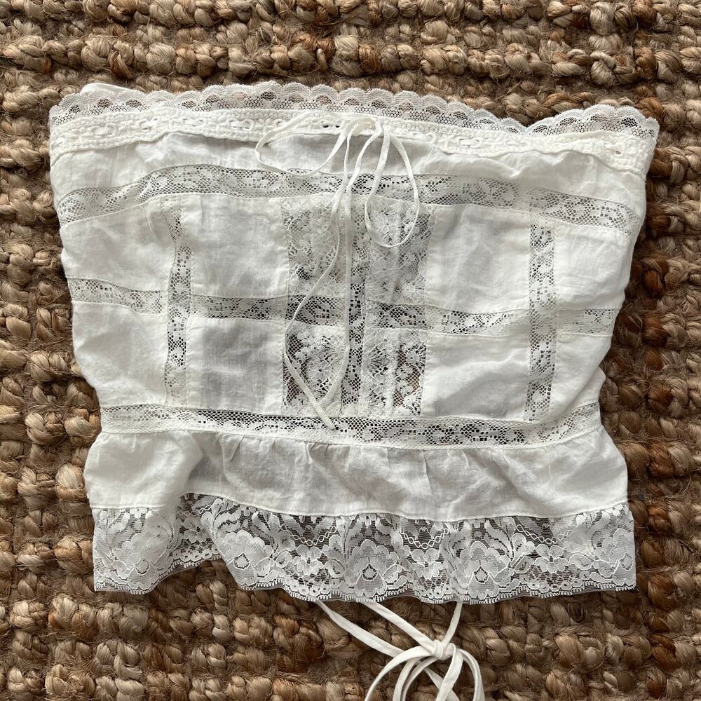 Urban Outfitters Women's S White Lace Bandeau Corset Top Boho Strapless Cotton